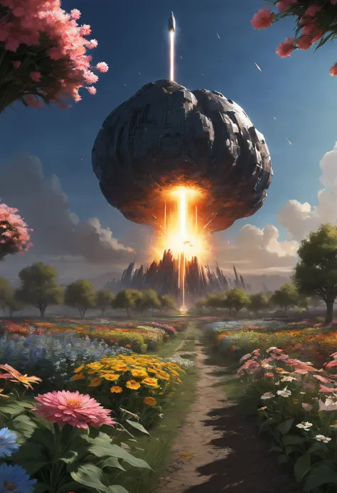 Meteor hitting ground in the vast flower garden , massive meteor crate, concept art by greg rutkowski, highly detailed, ultra realistic