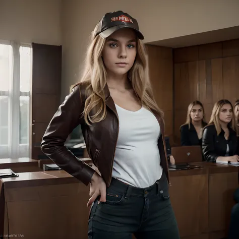 (best quality,portrait,masterpiece:1.2),(HDR,UHD),a German eighteen-year-old girl,(socialist activist),(blonde hair,green eyes),(wearing a shirt,a brown leather jacket,black jeans pants,a dark red baseball cap with a white socialist star),standing making a...