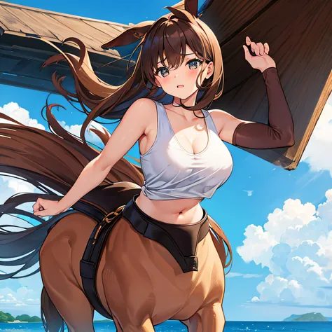 1 brown-haired centaur girl, busty, tank top, top half human, bottom half horse, horse girl