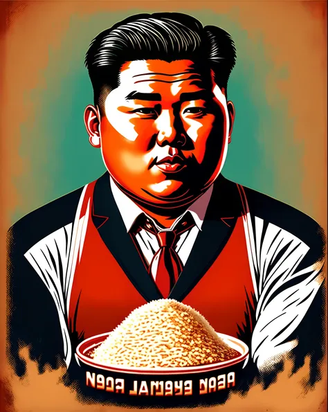 Disney style movie poster of North Korean man Kim jong un eating rice with the movie titled “no freedom”