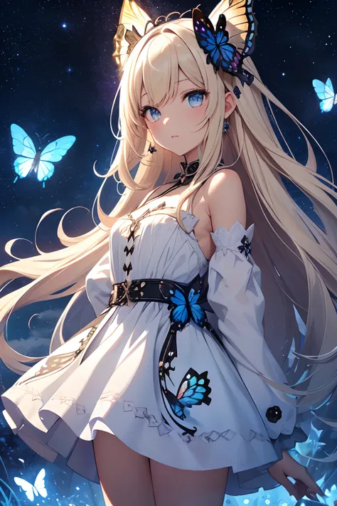 ​masterpiece、Background with（（Fantastic starry sky、kosmos、black hole））、heavy wind、Standing in the distance、Butterflies in a white mini dress with a slit々Embroidery、Blonde Long、Butterflies with hair in a bun々Pin in、a beauty girl、butterflys々emits light blue ...