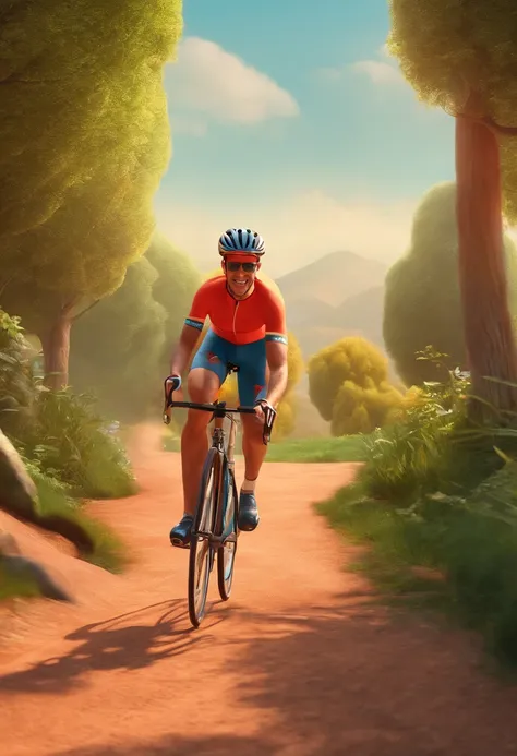 (best quality,3D rendering:1.2), Jovem andando de bicicleta vermelha em corrida ,estrada de terra ,Disney Pixar Style Poster, bicicleta, esportiva,3 d illustration, cores vibrantes, aventura, viagem, dynamic pose, arousal, Youthful spirit, velocidade, vent...