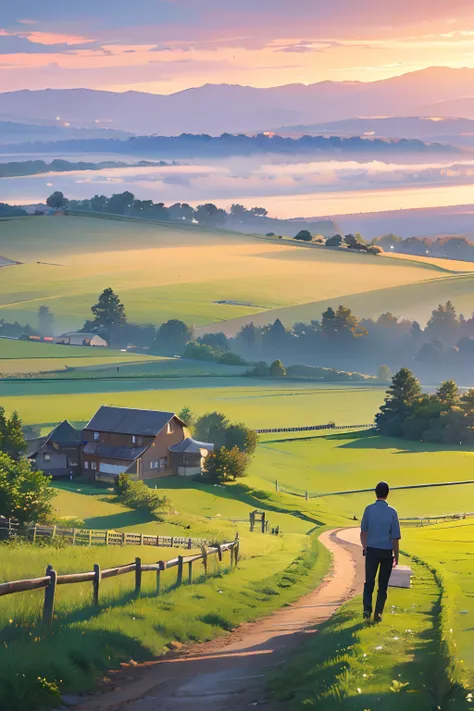 Best quality, masterpiece, super high resolution, (realism: 1.4), oil painting style, film lighting, endless grassland dotted with a few homes, I stood on the empty asphalt road and looked at it, the fairy mountains were foggy, and the cranes were flying