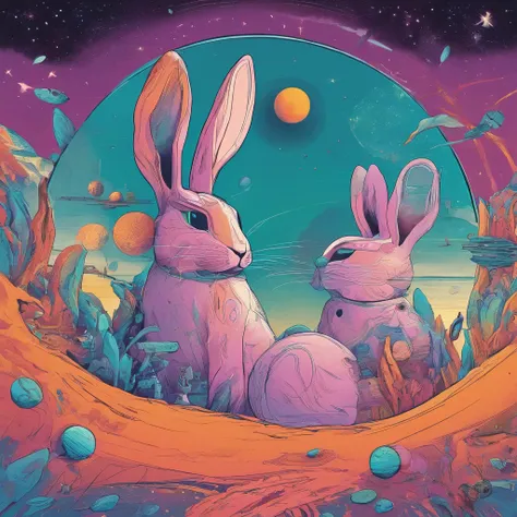 A colorful rabbit bigger than the Earth is nibbling on the moon