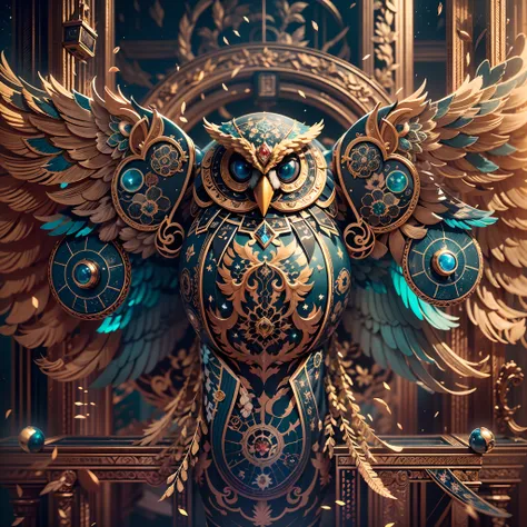 in a panoramic view，photorealestic，A giant golden mechanical owl flies through space，The modular composition of the whole body gold machinery，Gold and precious metal casting，blue gem eyes，The feathers are made of gold thread，It features charming Ottoman de...