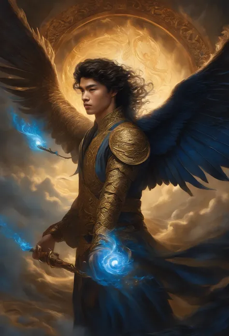 Its an elaborate and intricate fantasy portrait that depicts a robust and determined seventeen-year-old man with an aura, a huge bright blue light behind him, cabelo preto brilhante, Dragons and phoenixes flying, luz dourada, Estilo de artes marciais chine...