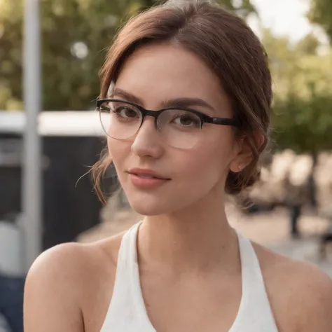 A 25-year-old woman looking at the camera, com unhas bem feitas, cabelos loiros, um sorriso lindo, wearing goggles, White T-shirt with the inscription Blink Models in black letters, uma passarela ao fundo com um desfile de moda, um computador ao lado, hipe...