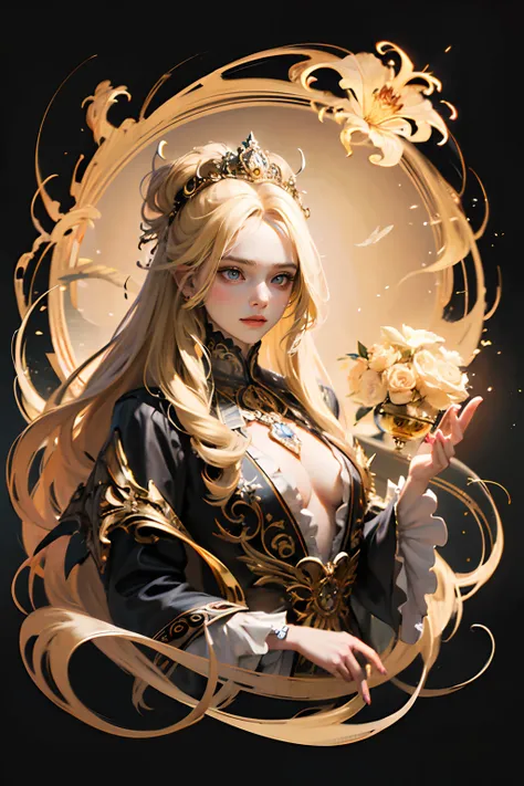 (skeleton like:0.4), ((female ornate princess)), young face, (with blonde long flowing hair), (bright beautiful eyes), trending on artstation, flowers of hope by Jean-Honor Fragonard, Peter mohrbacher, hyper detailed, insane details, stunning, intricate, e...