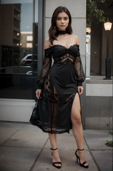 A young-looking and modern woman, com cabelos longos e negros, olhos castanhos e uma pele clara. She is wearing a contemporary fashion attire that includes an elegant dress with black lace accents, Fashionable high heels and high-end accessories. A cena de...