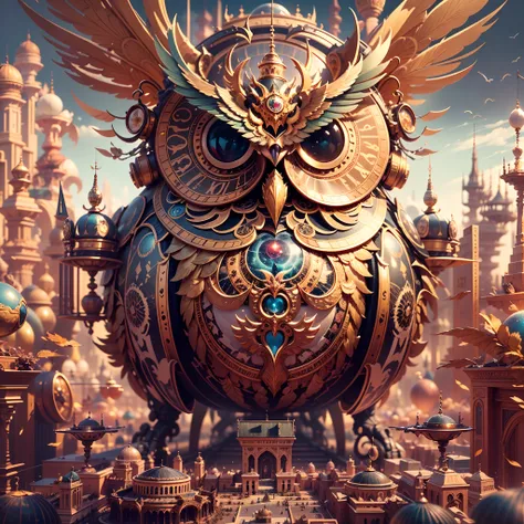 in a panoramic view，photorealestic，A giant golden mechanical owl in flight，It features charming Ottoman decorative motifs，Luxury gemstones，High-tech mechanical owls，Decorated with diamonds，The huge wings are densely covered with extravagant ornaments，Huge ...