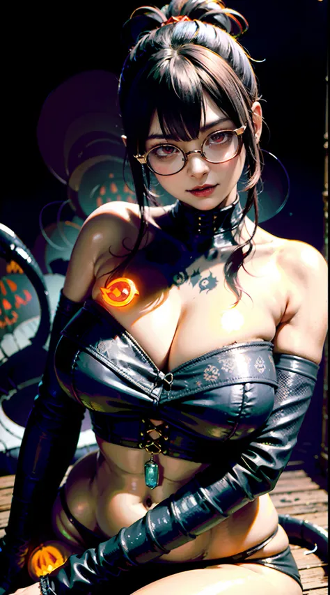 Wearing glasses、there is a woman in a corset posing for a picture, goddess of Japan, seductive tifa lockhart portrait, an oppai cyberpunk, with glasses, biomechanical oppai, Tifa Lockhart, anaglyph effect ayami kojima, sakimichan hdri, gorgeous chinese mod...