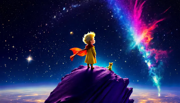 the little prince atop a majestic, multi-hued meteor, as it soars through the starry cosmos, showering vibrant celestial dust an...