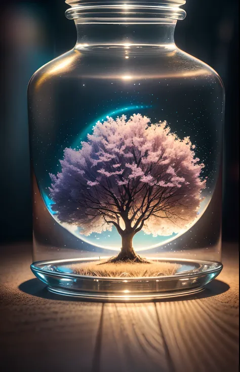 Apple tree in a bottle, Fluffy, Realistic, Atmospheric light refraction, photographed:by lee jeffries, Nikon D850 Film Stock Photo 4 Kodak Portra 400 Camera F1.6 lens, Rich colors, ultra realistic realistic textures, Dramatic Lighting, Unreal Engine in Tre...