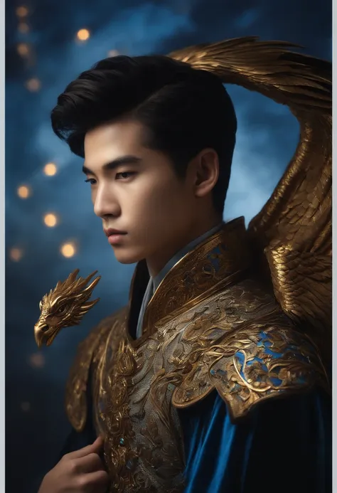 Its an elaborate and intricate fantasy portrait that depicts a robust and determined seventeen-year-old man with an aura, a huge bright blue light behind him, cabelo preto brilhante, Dragons and phoenixes flying, luz dourada, Estilo de artes marciais chine...