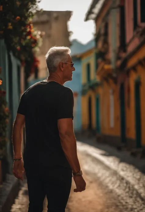 Homem loiro, without glasses, andando na rua, camiseta preta escrito ENERZEE, no fundo aparece uma usina fotovoltaica.