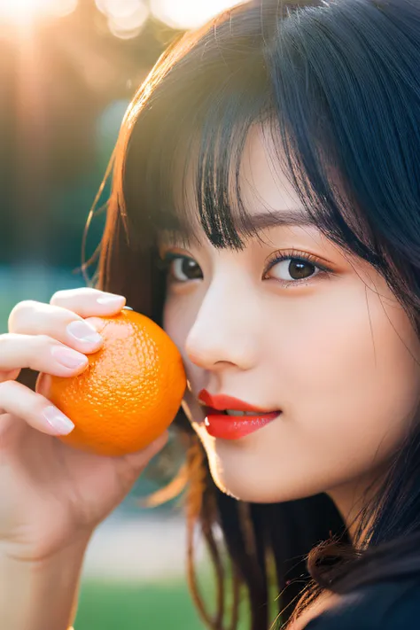 The scene where Beautiful dark-haired Japanese model girl  is applying orange lipstick. under bright sunlight, close-up, portrait photograph, Like a promotional advertisement, like a poster