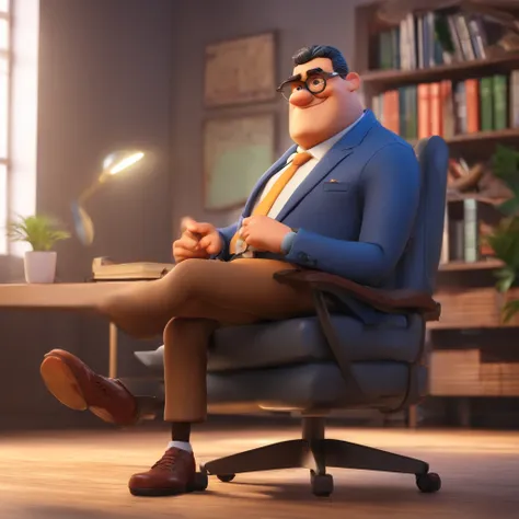 Crie um cartaz inspirado na Disney Pixar do filmes os incriveis, com o personagem sendo o advogado krooiff sampaio, Um homem de 47 anos de idade, alto com ropa social de advogado, Short hair a little black with gray wearing glasses, Sitting facing on chair...