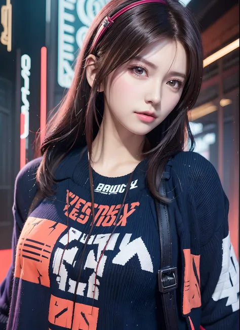 Wear cyberpunk complex streetwear, Beautiful, girl, detailed portrait, 4 k, Bright colors, Concept art, With a cinematic and dramatic atmosphere, Sharp Focus, Volumetric lighting, Cinematic lighting, Studio Quality