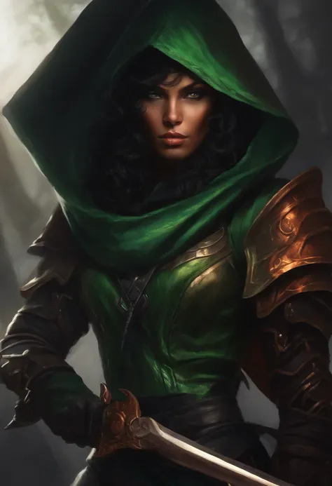 female tiefling in armor carrying a sword, black hair and glowing green eyes, with a hood and a mask