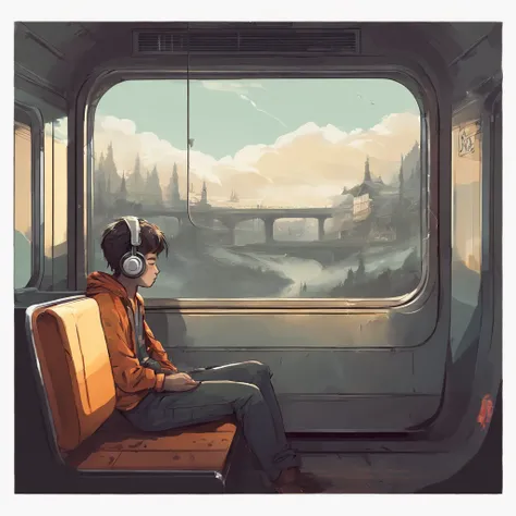 sad boy wearing headphone, sitting next to a window of a train