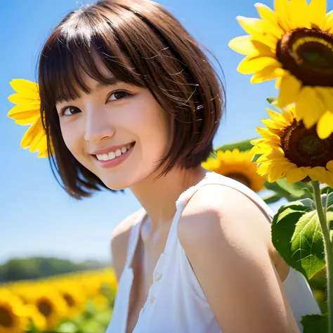 Best quality, ultra detailed, sunny, blue sky, beautiful lady, cute lady, smile ,Bob cut short hair, sunflowers, photo realistic