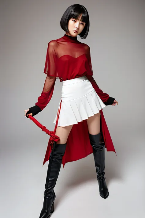 White background in studio. A villain played by a Japanese teenage actress (wavy bob, black hair), wearing a seductive villain costume (black and red, sheer skirt, boots), standing, holding a whip.