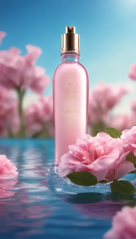 Super realistic scene, makeup bottle, surrounded by pink flowers wrapped around, blue sky background, water, sunlight, low perspective, blender, product rendering, HD 8K。 --v6