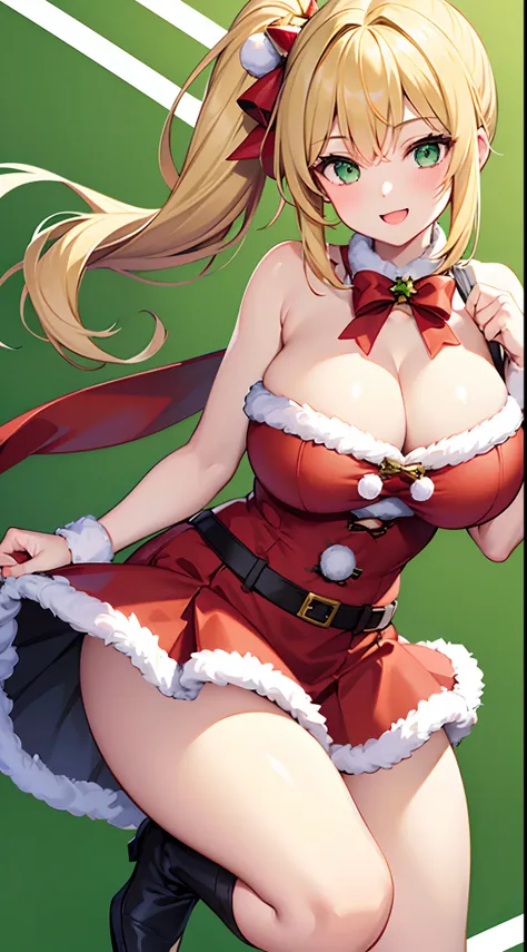 1 girl, game CG, mini Santa Claus clothes, short skirt, cleavage visible, Christmas hair ornament, gigantic breasts, blonde, middle hair, side ponytail, green eyes, Christmas background, smile, dynamic,