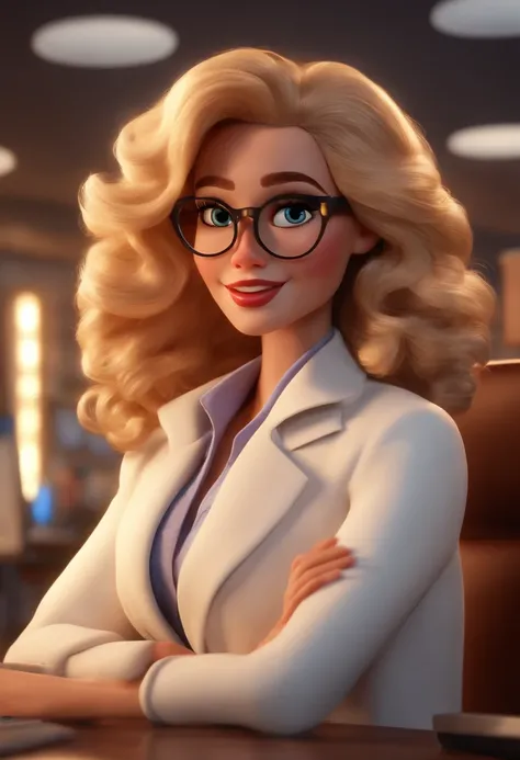 Pixar style image with 3D character glasses BLONDE woman with medium curly hair in white coat working in officeDisney makeup,Pescador, bonitinho, sorridente ,Close-up, Pixar, Disney, Cinema lighting,