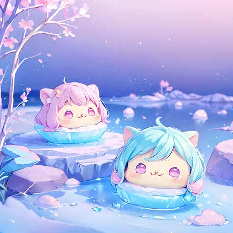 (tchibi), longing, Ice skating on a frozen lake, Kawaii Tech, kawaii, Cute, Pastel colors, Best Quality, cheerfulness,  Deep background