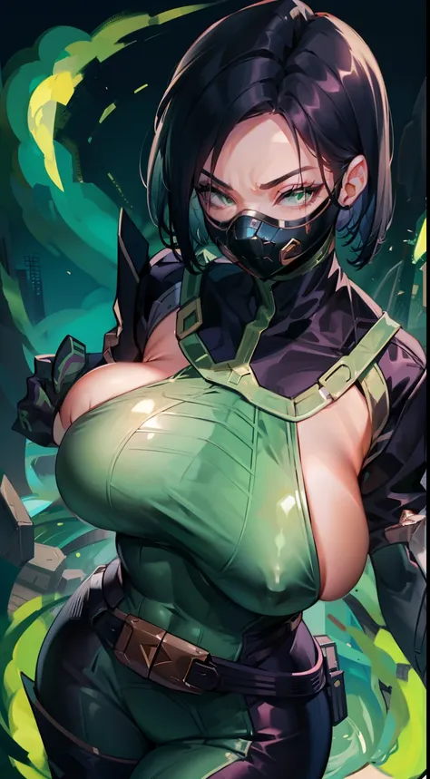 Masterpiece, Best quality, 《Fearless viper》, tightsuit, mitts, belt, thigh boots, respirator, view the viewer, face, Portrait, Close-up, Glowing eyes, green smoke, Black background,huge tit，Women confidently show off their sexy plump body，clothes 99%The ki...