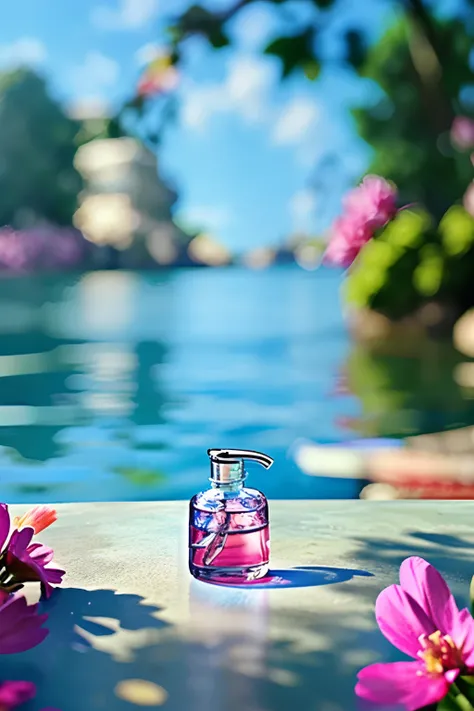 Super realistic scene, makeup bottle, surrounded by pink flowers wrapped around, blue sky background, water, sunlight, low perspective, blender, product rendering, HD 8K。 --v6