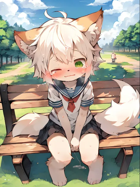 masutepiece, High quality, Absurd resolution, Digital Painting  (The artwork ), By Dagasi, yupa, Kiyosan, (fluffy fur, White fur, Full body fur,), Male child,elementary student,Shota,独奏,One subject,Tears, Green eyes,Closing your eyes, White hair,I have a r...