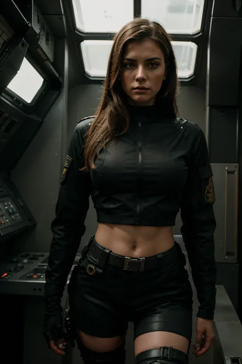 Portrait+ analog style, girl mercenary sensual uniform (she means business) in spaceship dark science fiction gritty hyperrealistic 8k 18+ beautiful epic hd