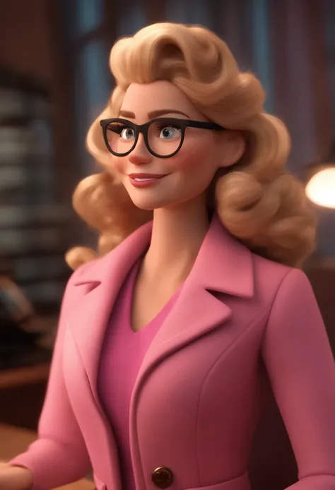 3D Pixar style image with glasses BLACK, 3D character BLONDE woman with medium curly hair in PINK coat working in Disney office , sorridente ,Close-up, Pixar, Disney, Cinema lighting,