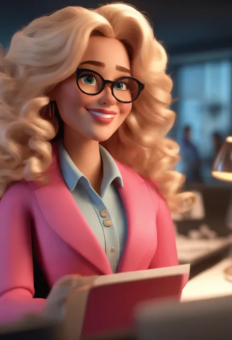 3D Pixar style image with glasses BLACK, 3D character BLONDE woman with medium curly hair in PINK coat working in Disney office , sorridente ,Close-up, Pixar, Disney, Cinema lighting,