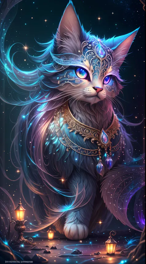 generate a celestial adorable non-human animal in the style of celestial and fantasy. the animal should be the most beautiful animal ever created. Consider details like fluffy and feathers and silk and satin and shimmer and glimmer. Include subtle details ...