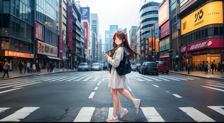 25 year old woman,brown hair, crossing street on shibuya, Wide Angel