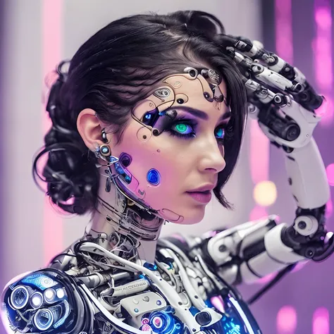 foto de (bs_purpalpaca), una mujer, ((cabello rizado)), Cyborgdiffusion, ((robotic arm)), tatuajes, cyberpunk, neon, estilo modelshoot (rodeado de hombres: 1.2), ((mirando al espectador: 1.4)