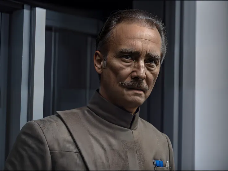 strict man with graying hair and a firm mustache in a commanding stance