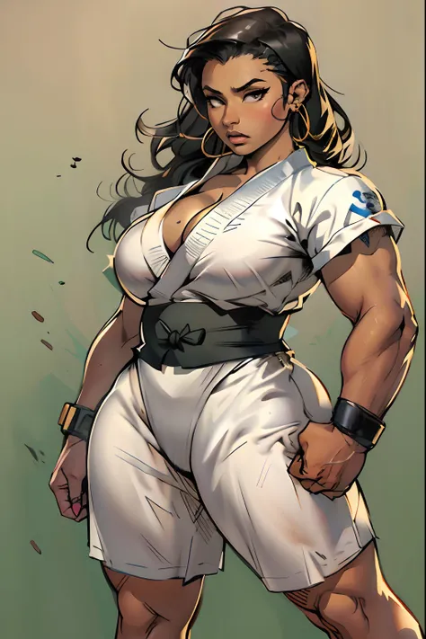 jim lee

street fighter, 1girl, brown skin, (thick thighs), (chubby), martial arts gi, makeup, earrings, direct look, solid background, full body,

((masterpiece))