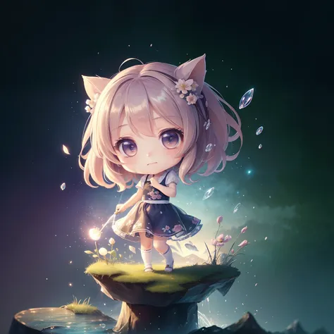 (top-quality, ​masterpiece), 1 Girl Little Chibi, garden, kirakira, doress, Particle, the wind, florals, The upper part of the body, Simple dark background, look at viewr, Chibi, Chibi, Tibiroir,