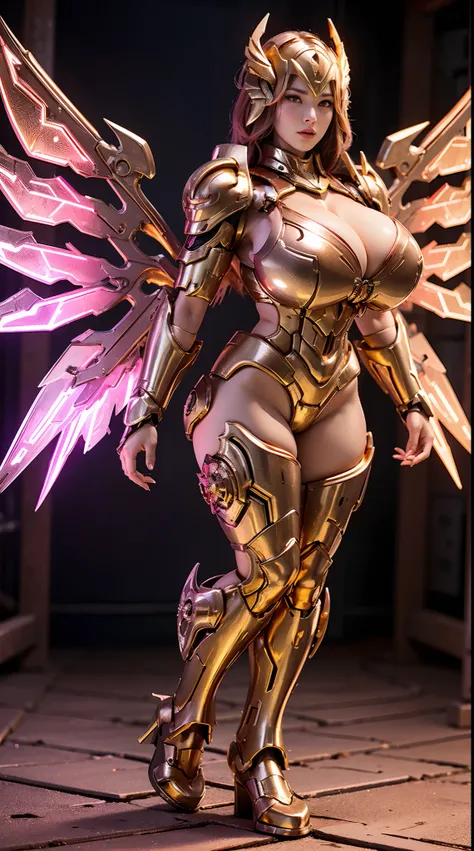 A WOMAN, HUGE BOOBS, RGB, RED, GOLD, MECHA ARMOR FULL GEAR, (SUIT), (LARGE CLEAVAGE), (A PAIR LARGEST WINGS), (FULL BODY:1), TRANSPARANT, TALL LEGS, STANDING, SEXY BODY, MUSCLE ABS.