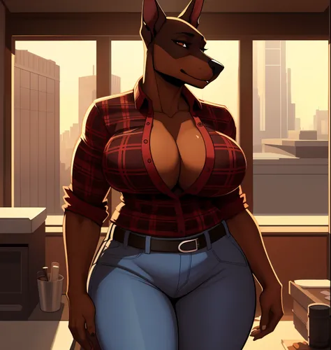 Very_muscular_mature_doberman female dark_brown_two-tone_furry_body brown_eyes milf unbuttoned_plaid_shirt  jeans wife solo Masterpiece best_quality absurdres highly_detailed cleanly_drawn_eyes anthro_only large_breasts by_claweddrip, by_greasymojo, by_und...