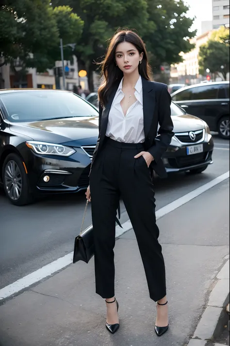 An adult woman with a sophisticated and confident appearance, vestindo roupas casuais elegantes. Ela tem cabelos castanhos escuros, olhos verdes e pele clara. O look inclui um blazer impecavelmente cortado, uma blusa de seda de cor neutra, high-waisted pan...