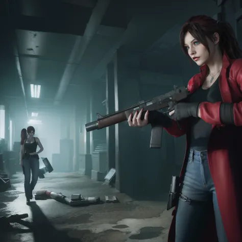 Best quality, ((Claire redfield from resident evil)), woman 40 years old, long red hair, black jeans, red nail polish, beautiful face, red long coat, glare, holding a gun