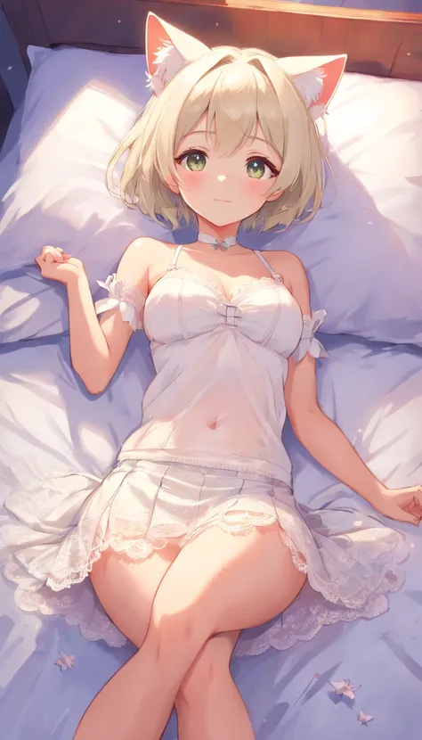 Anime cat ears girl，White color hair，White lace bra，huge tit，Lie down in bed, Loli in a short white skirt, small curvaceous loli, Guviz-style artwork, Guweiz in Pixiv ArtStation, Guweiz on ArtStation Pixiv, Guviz, small loli girl, Soft anime illustration, ...