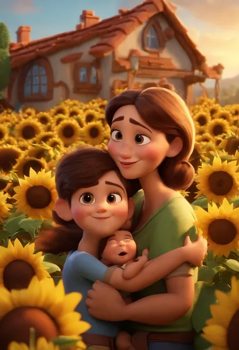 Create a Disney PIXAR-style 3D poster. ((centro da imagem, familia)), ((1 Child)) ((1 girl in the middle and the father and mother next to her, Theyre hugging each other, A menina tem pele clara e cabelos castanhos escuros e olhos castanhos escuros, The mo...