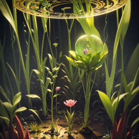 a Allien in a Swamp, colourful Allien world with DNA, analogue spectrum analyser hologram, close-up  tulips and lilies and roses, hologram vortex simulation, dead trees, smoke, red, gold and silver patterns, swamp background hyper detailed, with Inca filer...