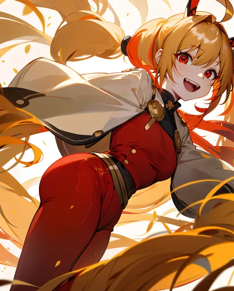 girl with，mankind、The amount of golden hair、poneyTail、Ahoge、big round red eyes，Gold-tone tops，Red pants，vivaciousness，adolable，Sunny and cheerful，And loves to laugh，smart，Speak out loud